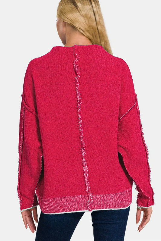 Image of Zenana Exposed Seam Mock Neck Long Sleeve Sweater | Queeble.shop
