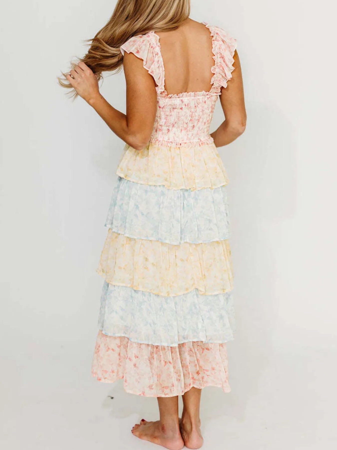 Image of Smocked Ruffle Layered Floral Midi Dress | Queeble.shop
