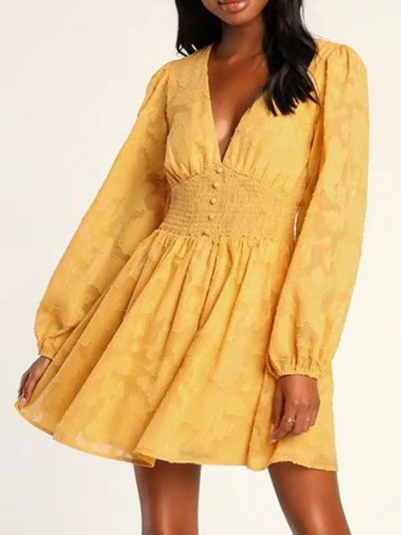 Image of Smocked V-Neck Balloon Sleeve Dress | Queeble.shop