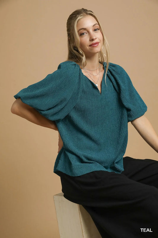 Image of Umgee Textured Flutter Sleeve Notch Neck Top | Queeble.shop