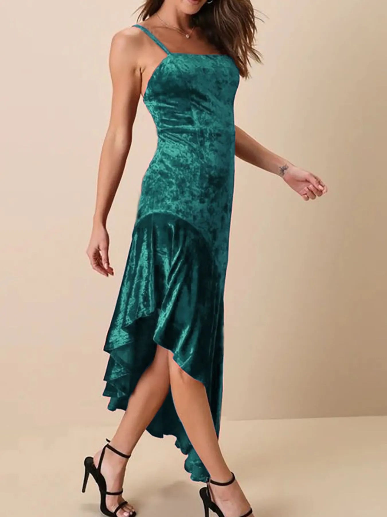 Image of Asymmetrical Velvet Cami Dress with Ruffle Hem | Queeble.shop