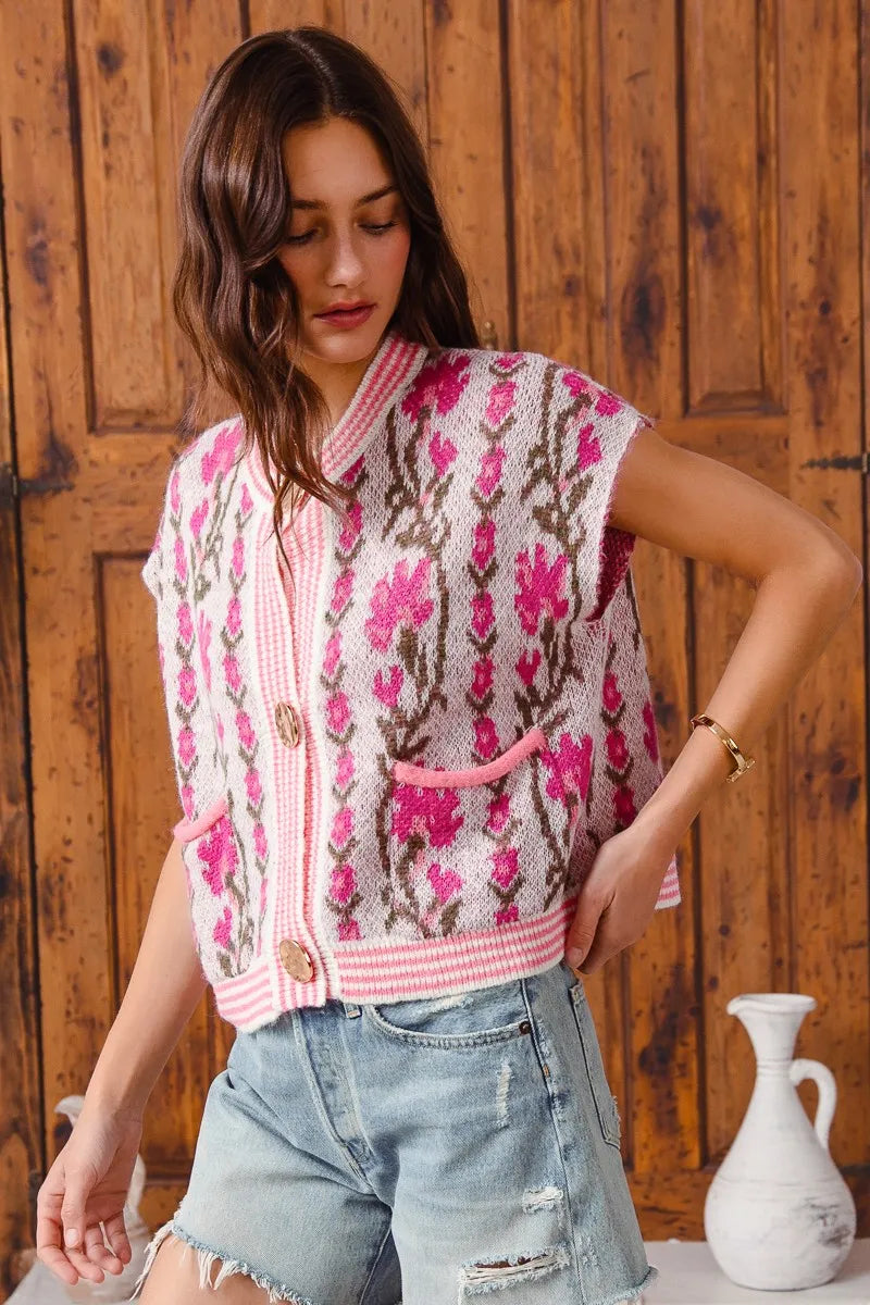 Image of SO ME Button Front Floral and Stripe Knitted Sweater Vest | Queeble.shop
