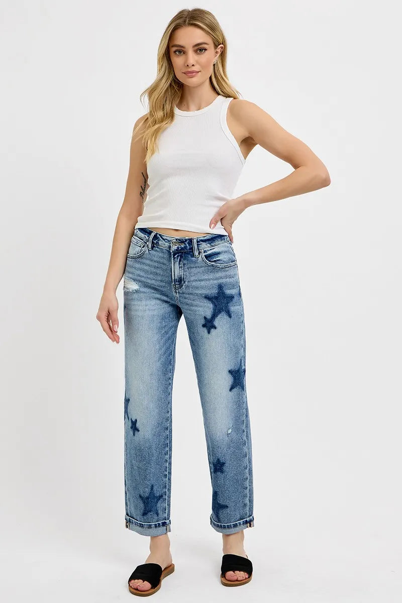 Image of RISEN Full Size Mid Rise Boyfriend Star Shadow Detail Cuffed Jeans Plus Size | Queeble.shop