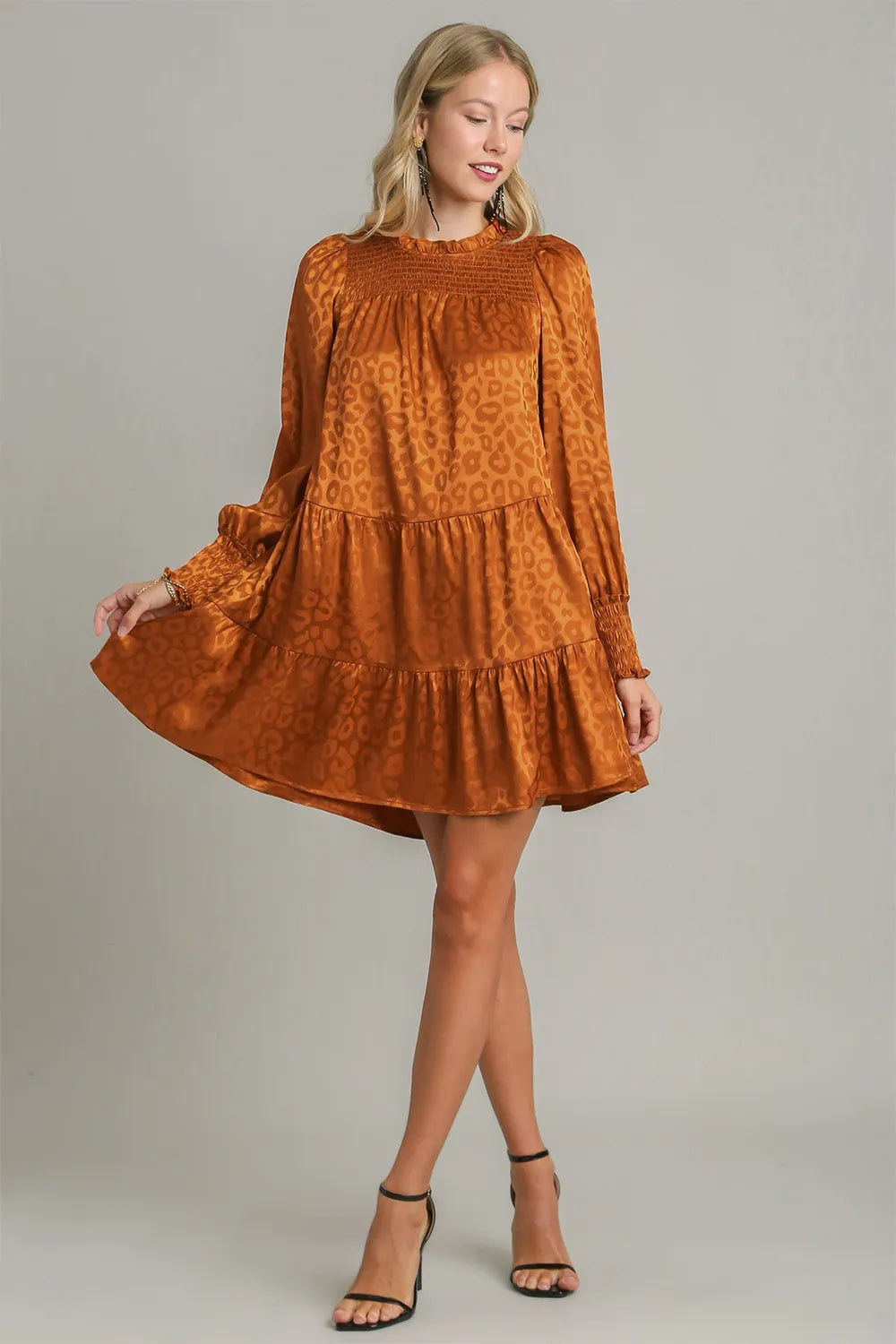 Image of Umgee Smocked Leopard Long Sleeve Tiered Dress | Queeble.shop