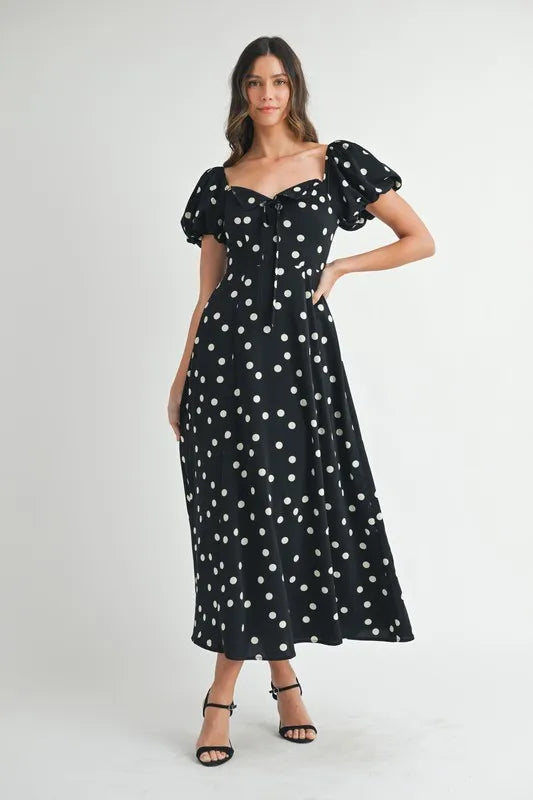 Image of MABLE Polka Dot Puff Sleeve Midi Dress | Queeble.shop