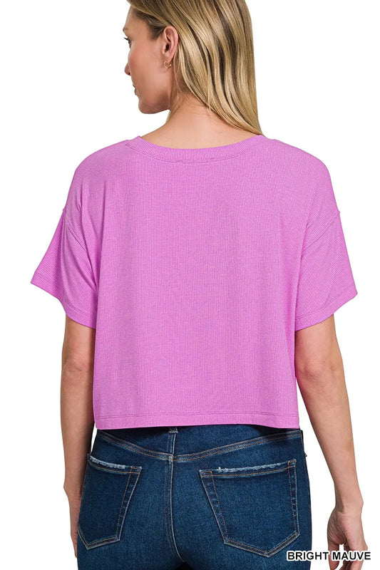 Image of Zenana Ribbed Round-Neck Crop T-Shirt | Queeble.shop