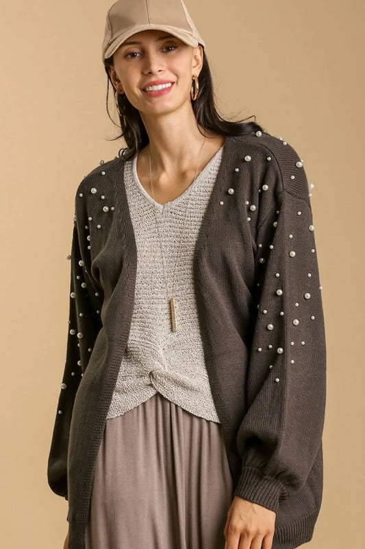 Image of Umgee Full Size Open Front Cardigan with Long Sleeve Pearl Details Plus Size | Queeble.shop