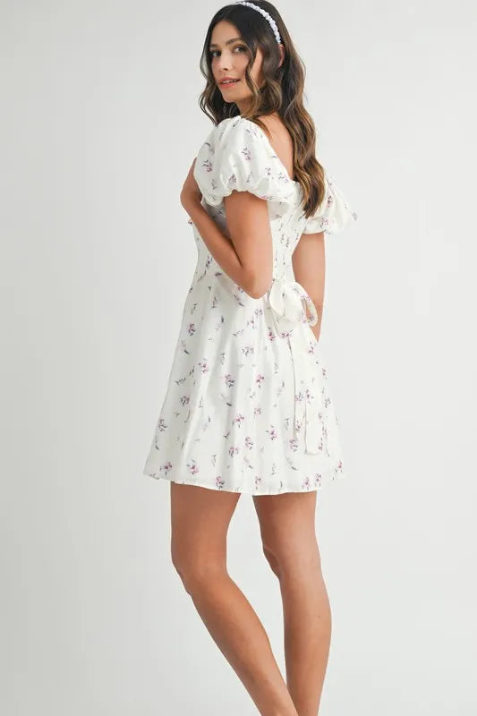 Image of MABLE Floral Print Puff Sleeve Mini Dress | Queeble.shop