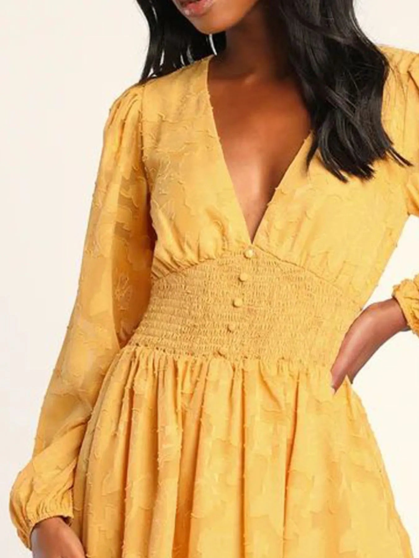 Image of Smocked V-Neck Balloon Sleeve Dress | Queeble.shop