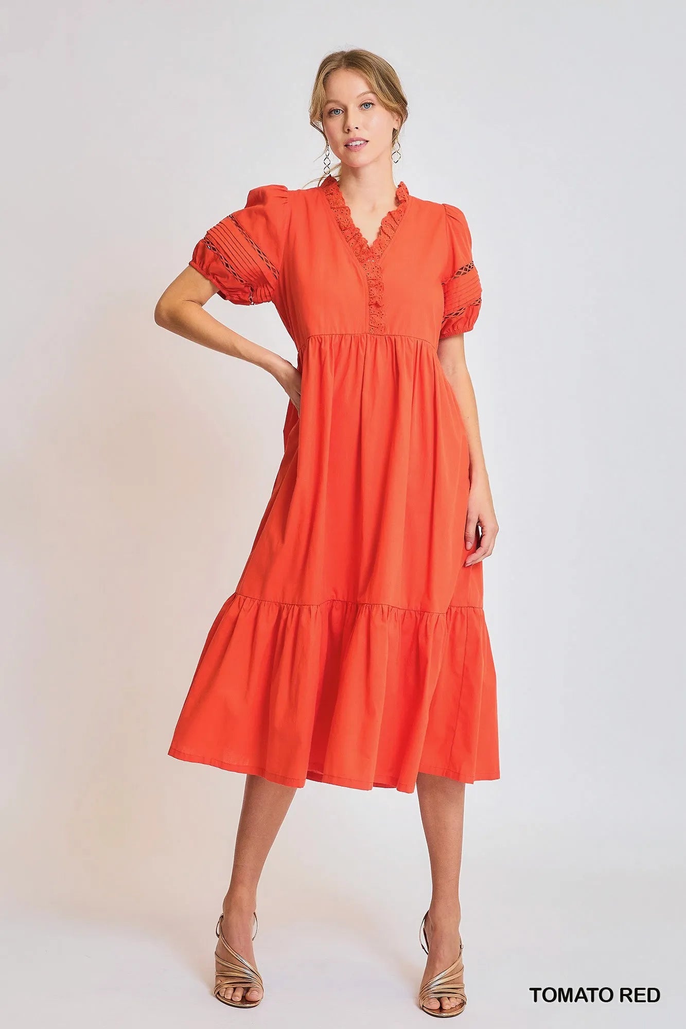 Image of Umgee Short Sleeve Lace-Trim Ruffled Midi Dress | Queeble.shop