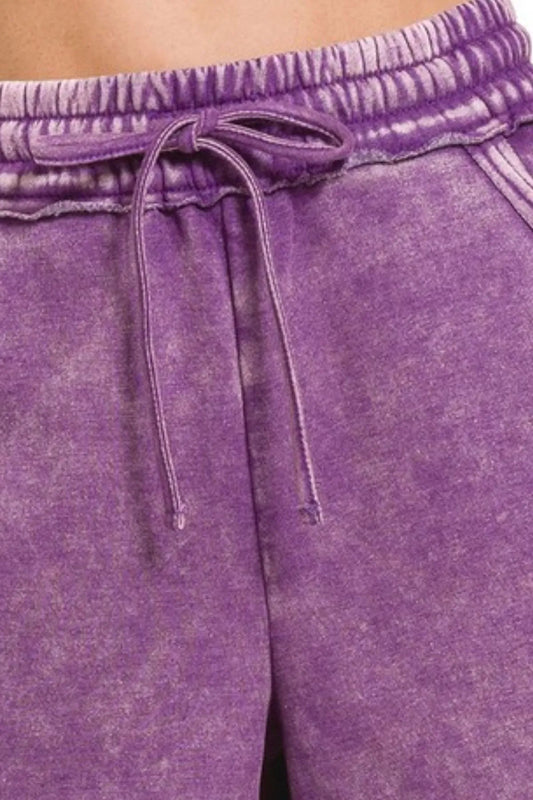 Image of Zenana Acid Wash Fleece Drawstring Shorts With Pockets | Queeble.shop
