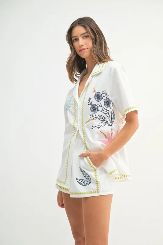 Image of MABLE Embroidered Button Down Shirt and Shorts Set | Queeble.shop