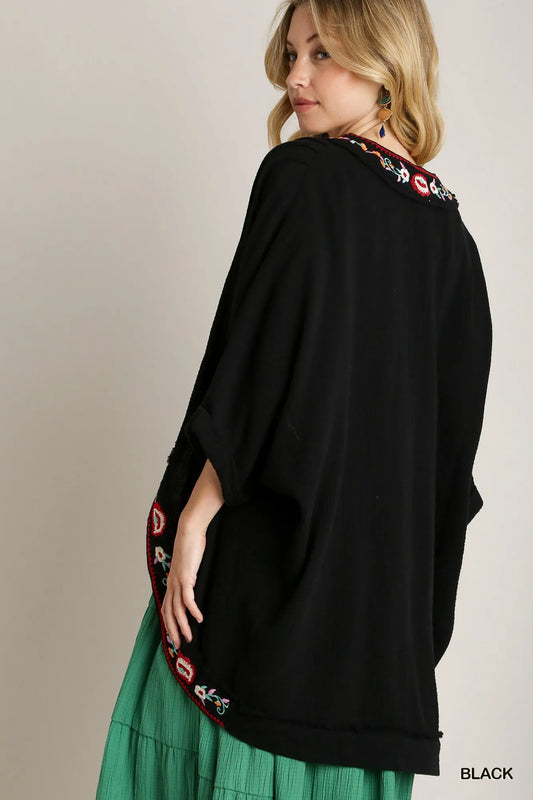 Image of Umgee Embroidery Open Front Kimono with Pleated Shoulder Detail | Queeble.shop