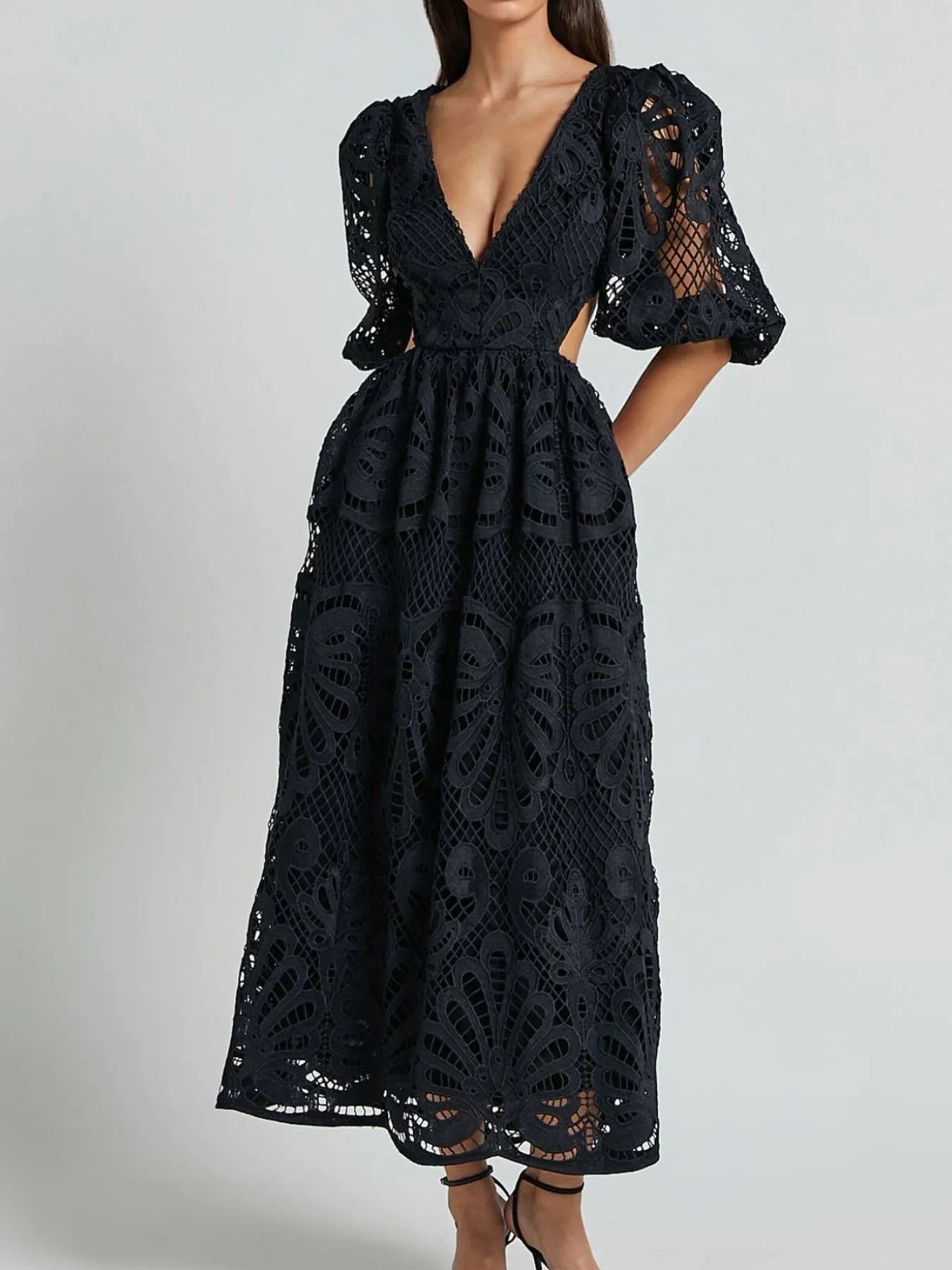 Image of Cutout Back Lace Crochet V-Neck Dress | Queeble.shop