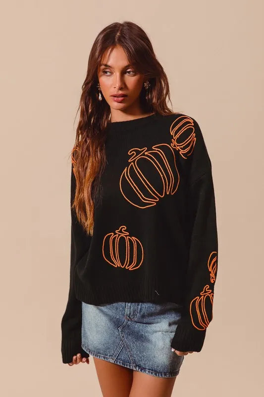 Image of SO ME Pumpkin Embroidered Halloween Thanksgiving Sweater | Queeble.shop