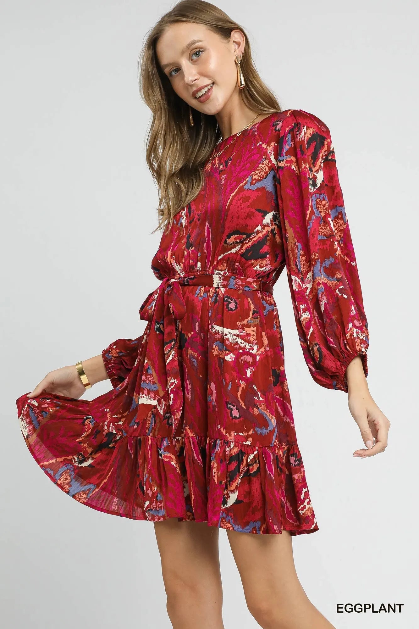 Image of Umgee Ruffled Hem Printed Balloon Sleeve Dress | Queeble.shop