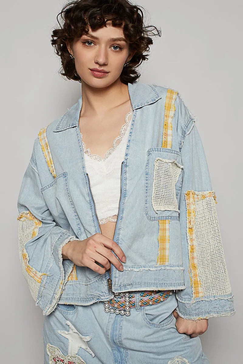 Image of POL Raw Hem Zip Up Denim Jacket with Plaid and Crochet Patch | Queeble.shop