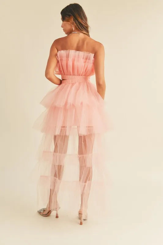 Image of MABLE Tulle Tube Ruffle Crop Top and High Low Maxi Skirt Set | Queeble.shop