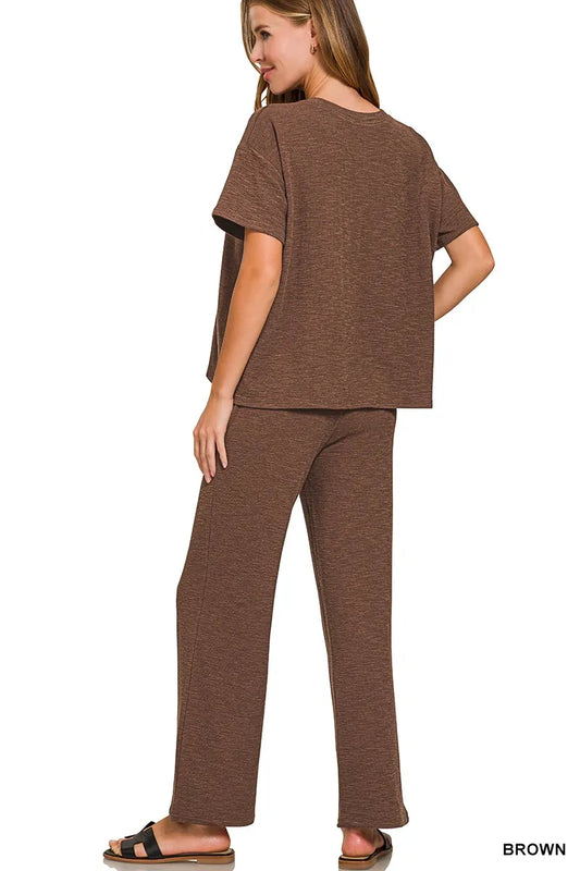 Image of Zenana Slub Short Sleeve T-Shirt and Pants Set | Queeble.shop