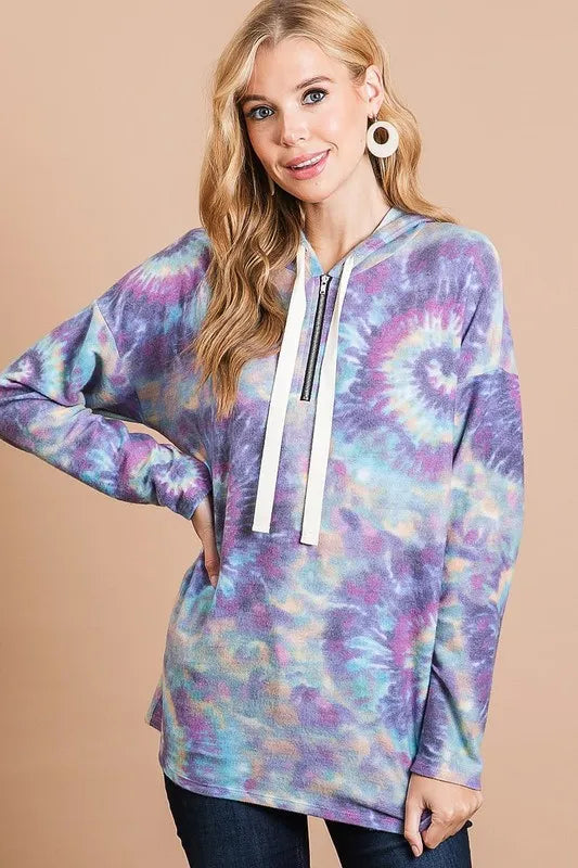 Image of BiBi Brushed Circular Tie Dye Print Terry Hoodie | Queeble.shop