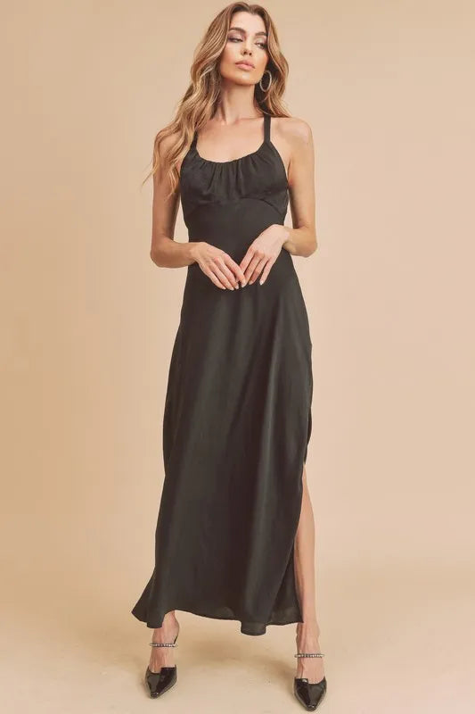 Image of Aemi + Co Ruched Side Slit Cutout Back Maxi Cami Dress | Queeble.shop