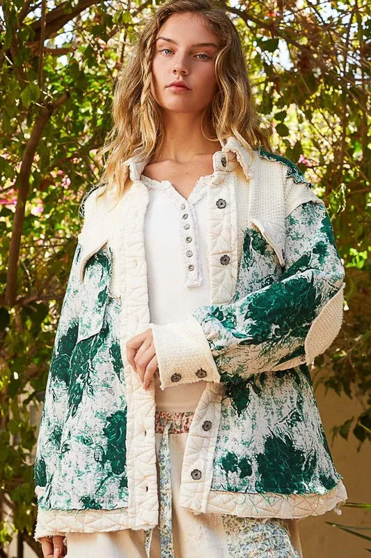 Image of POL Jacquard Patch Collared Neck Quilted Jacket | Queeble.shop