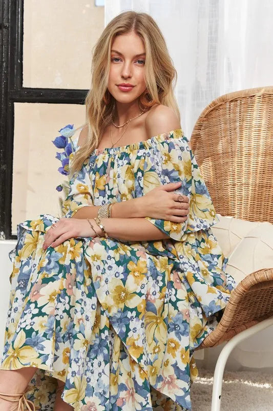 Image of ADORA Layered Floral Off-Shoulder Short Sleeve Maxi Dress | Queeble.shop