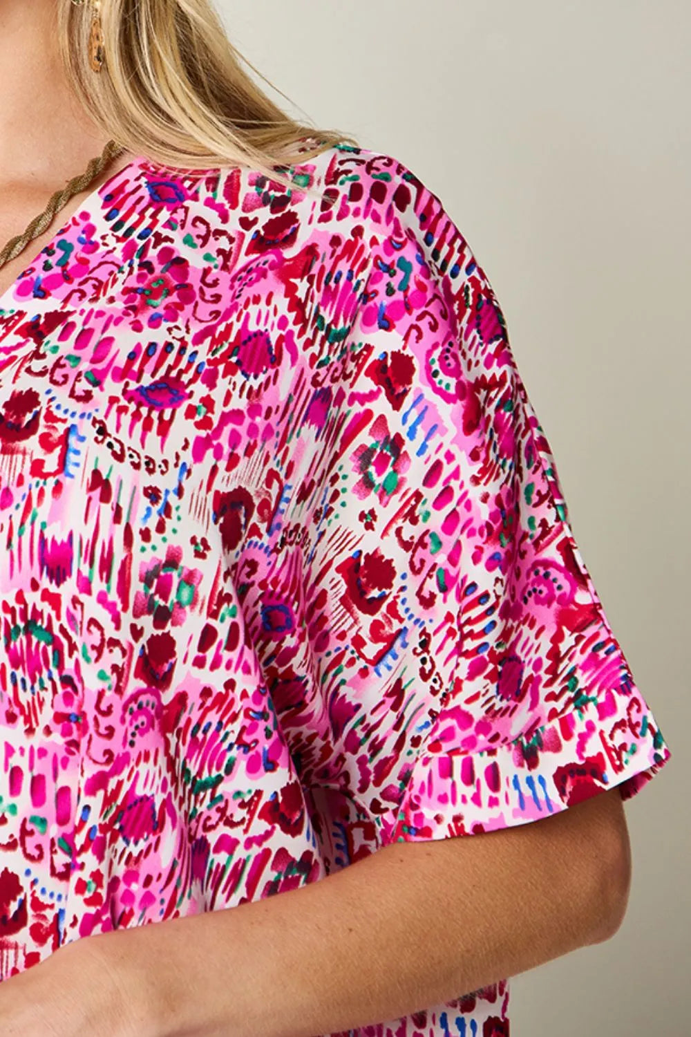 Image of Double Take Full Size Printed V-Neck Short Sleeve Blouse | Queeble.shop