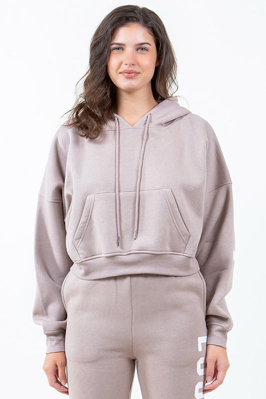 Image of American Bazi Letter Graphic Long Sleeve Drawstring Cropped Hoodie | Queeble.shop