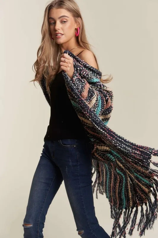 Image of ADORA Multi Colour Sweater Long Cardigan with Fringes | Queeble.shop