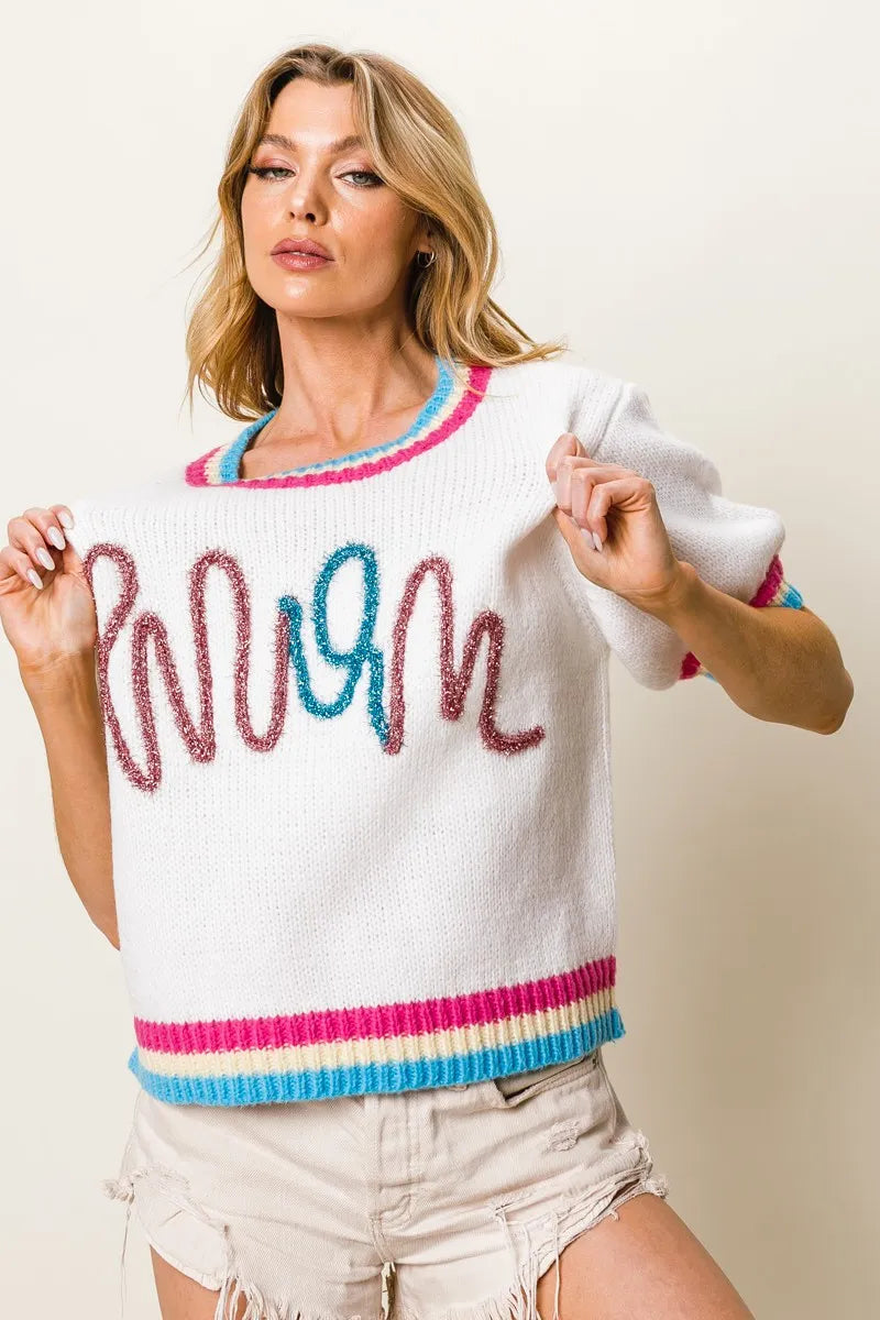 Image of BiBi Metallic Letter Short Puff Sleeve Sweater | Queeble.shop