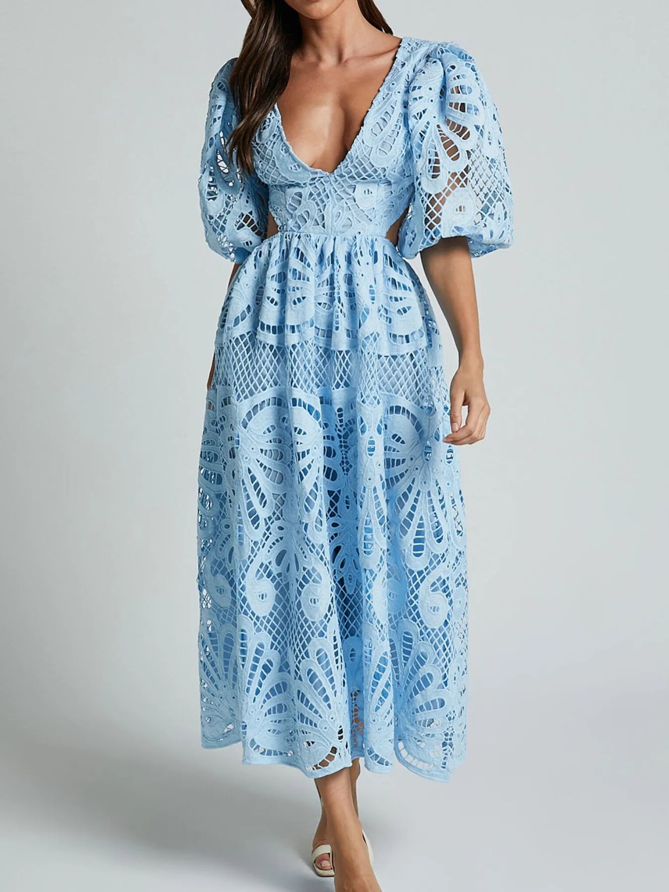 Image of Cutout Back Lace Crochet V-Neck Dress | Queeble.shop