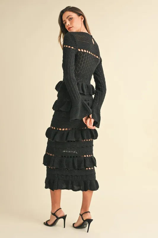 Image of MABLE Long Sleeve Tiered Ruffle Knit Midi Dress | Queeble.shop