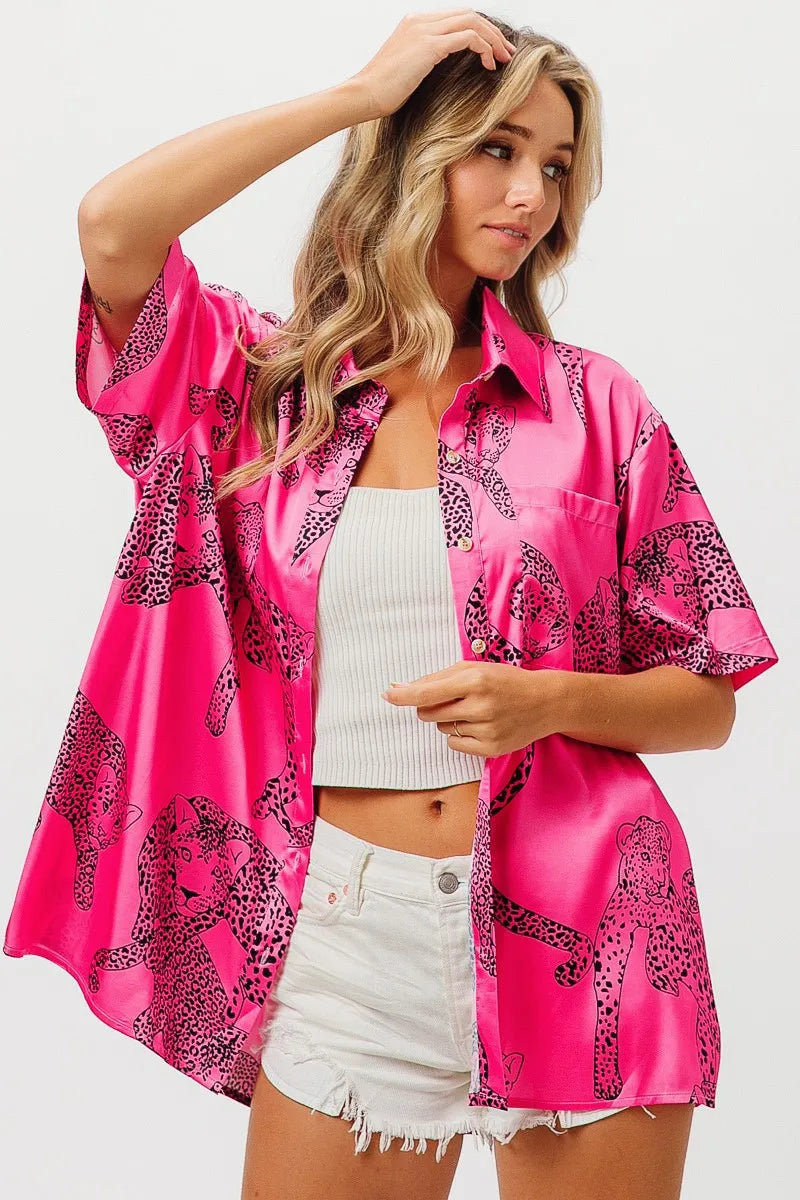 Image of BiBi Leopard Print Short Sleeve Silky Satin Shirt Top | Queeble.shop