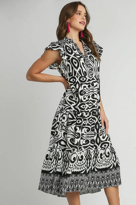 Image of Umgee Full Size Two Tone Border Print Ruffle Cap Sleeve Midi Dress Plus Size | Queeble.shop