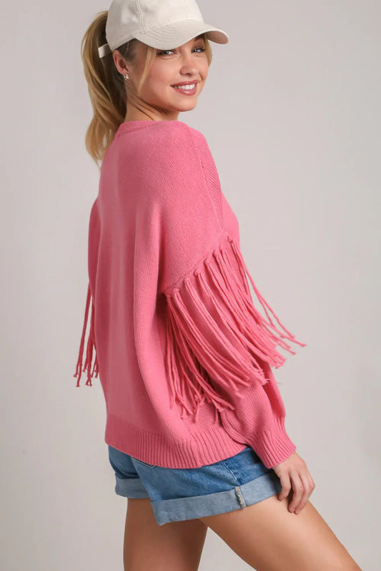 Image of Umgee Full Size Fringe Round Neck Long Sleeve Sweater Plus Size | Queeble.shop