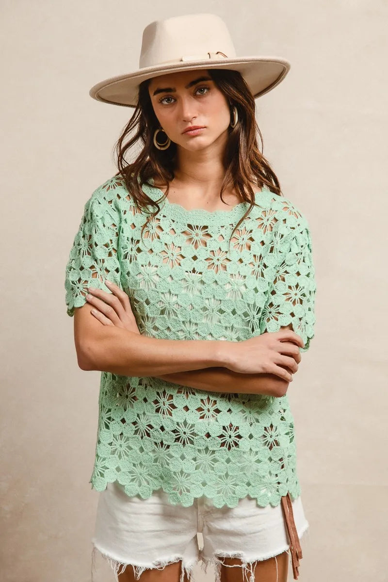 Image of BiBi Openwork Crochet Short Sleeve Knit Top | Queeble.shop