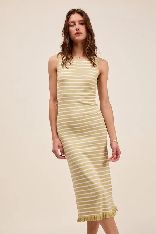 Image of SO ME Stripe Sleeveless Sweater Knit Maxi Dress With Ruffled Hem | Queeble.shop