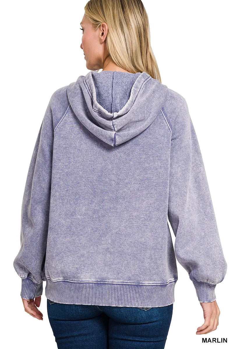 Image of Zenana Acid Wash Fleece Hoodie with Kangaroo Pocket | Queeble.shop