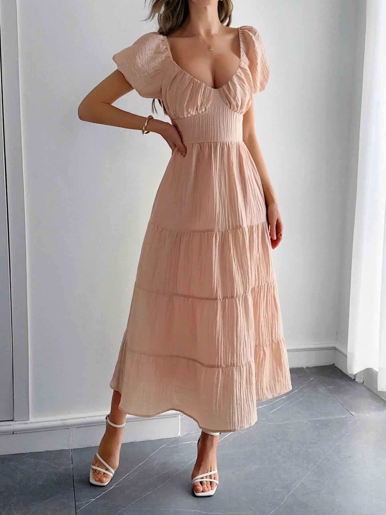 Image of Backless Tiered Puff Sleeve Midi Dress | Queeble.shop