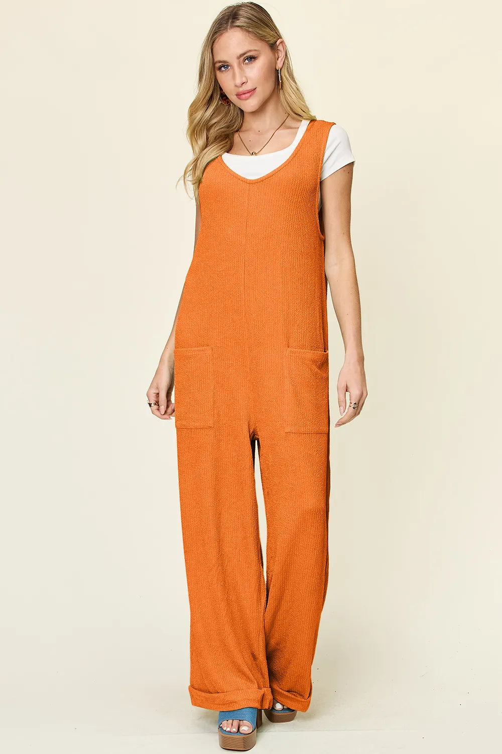 Image of Double Take Full Size Texture Sleeveless Wide Leg Jumpsuit | Queeble.shop