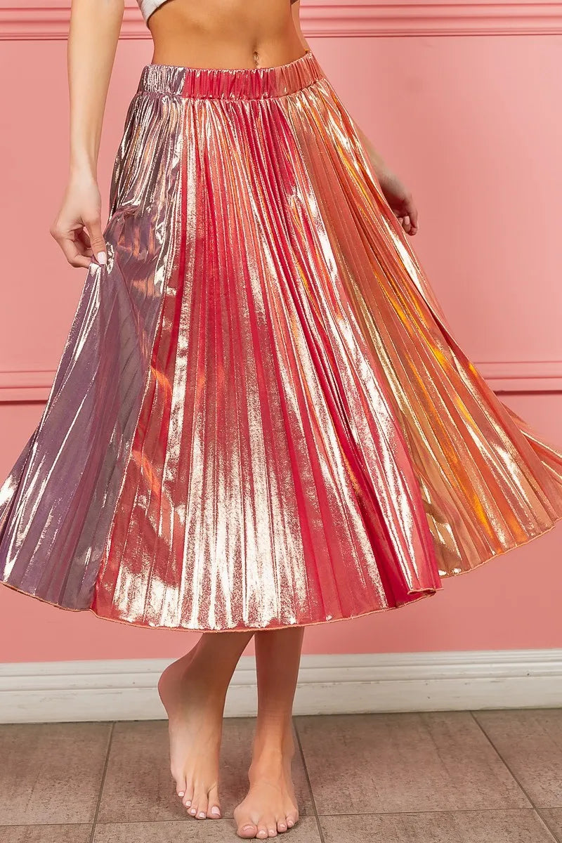 Image of BiBi Metallic Color Block Pleats Midi Skirt | Queeble.shop