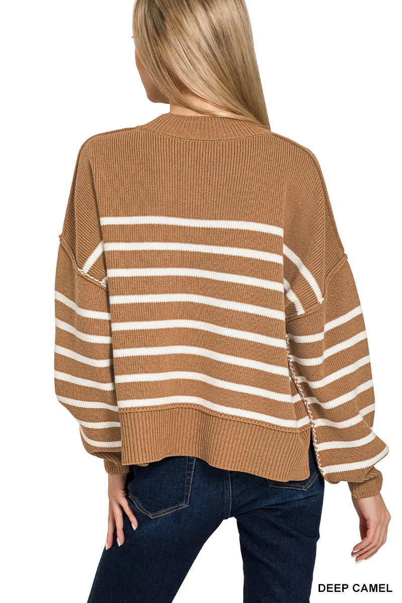 Image of Zenana Exposed Seam Striped Oversized Sweater | Queeble.shop