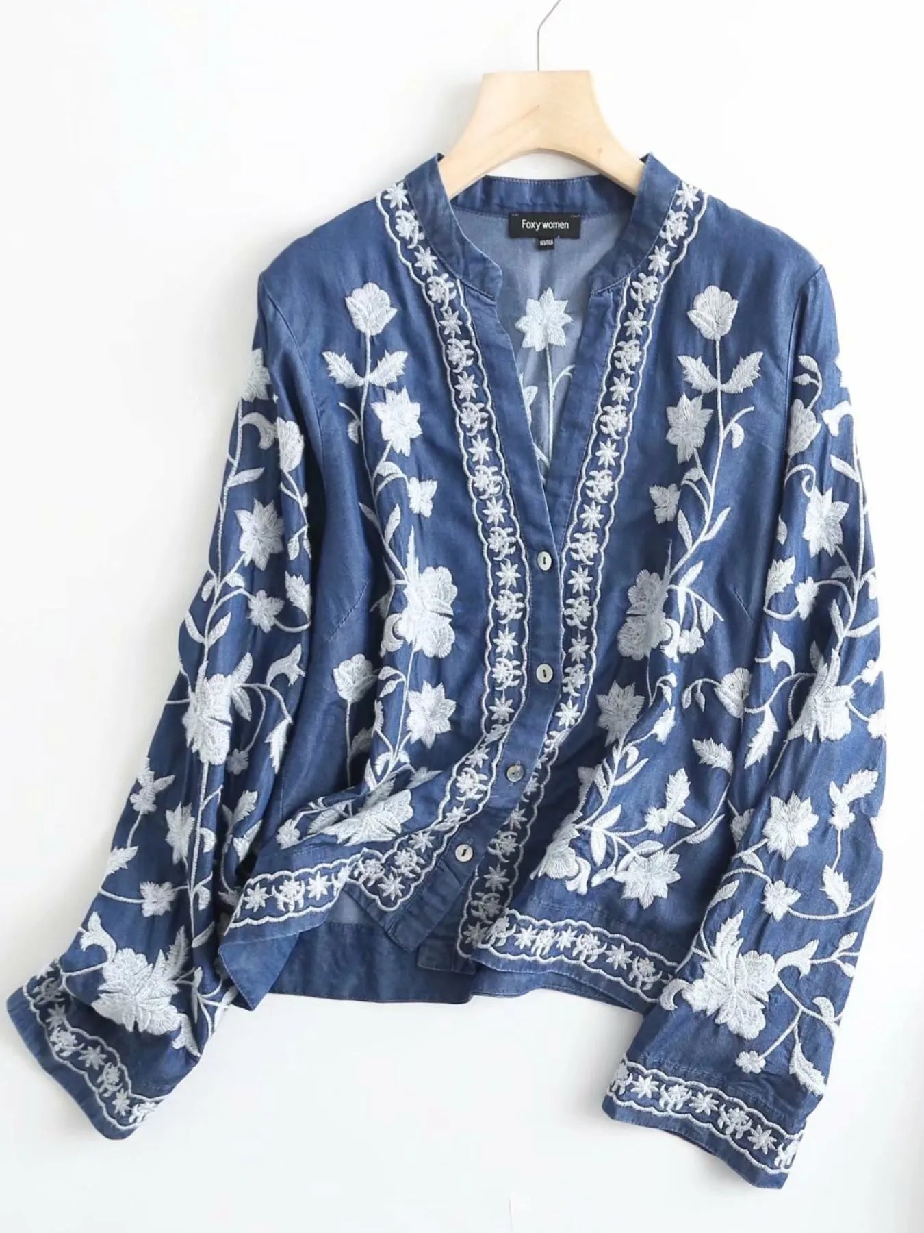 Image of Floral Embroidered Button Up Denim Shirt | Queeble.shop