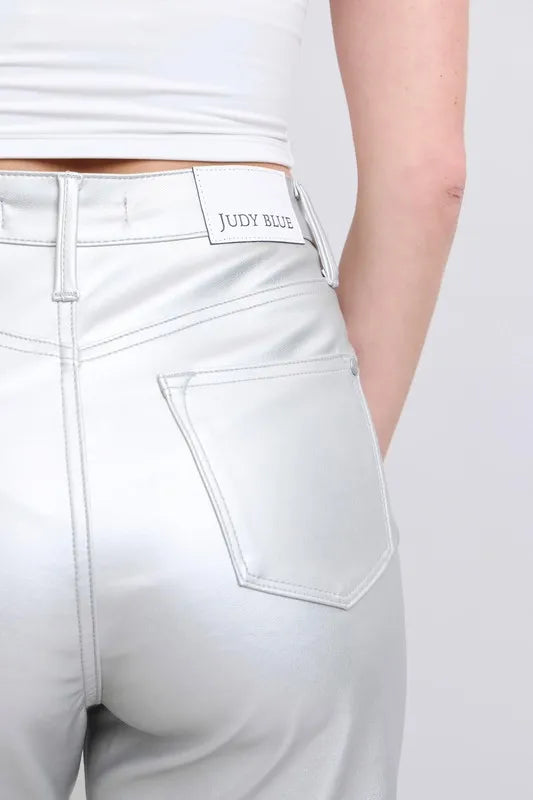 Image of Judy Blue Full Size High Waist Silver Faux Leather Pants Plus Size | Queeble.shop