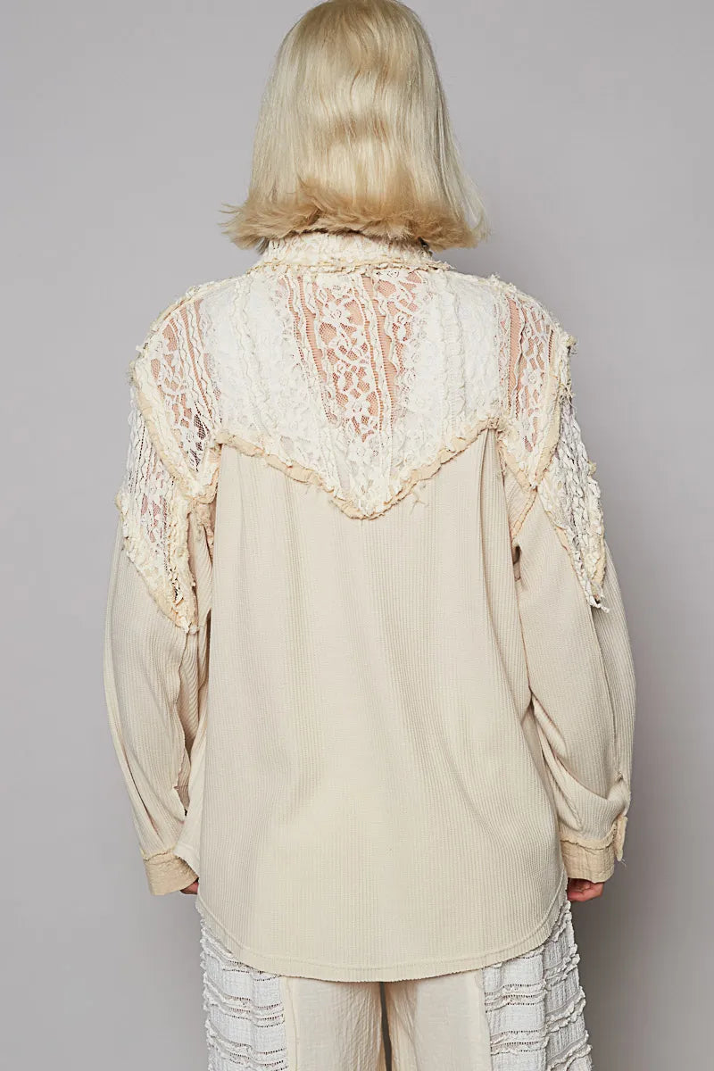 Image of POL Lace Patchwork Button Up Shacket | Queeble.shop