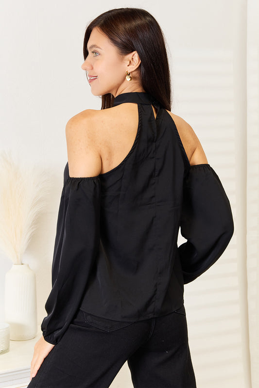 Image of Perfee Grecian Cold Shoulder Long Sleeve Blouse | Queeble.shop