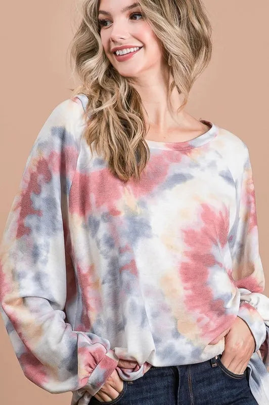 Image of BiBi Tie Dye Print Terry Top With Puff Sleeves | Queeble.shop