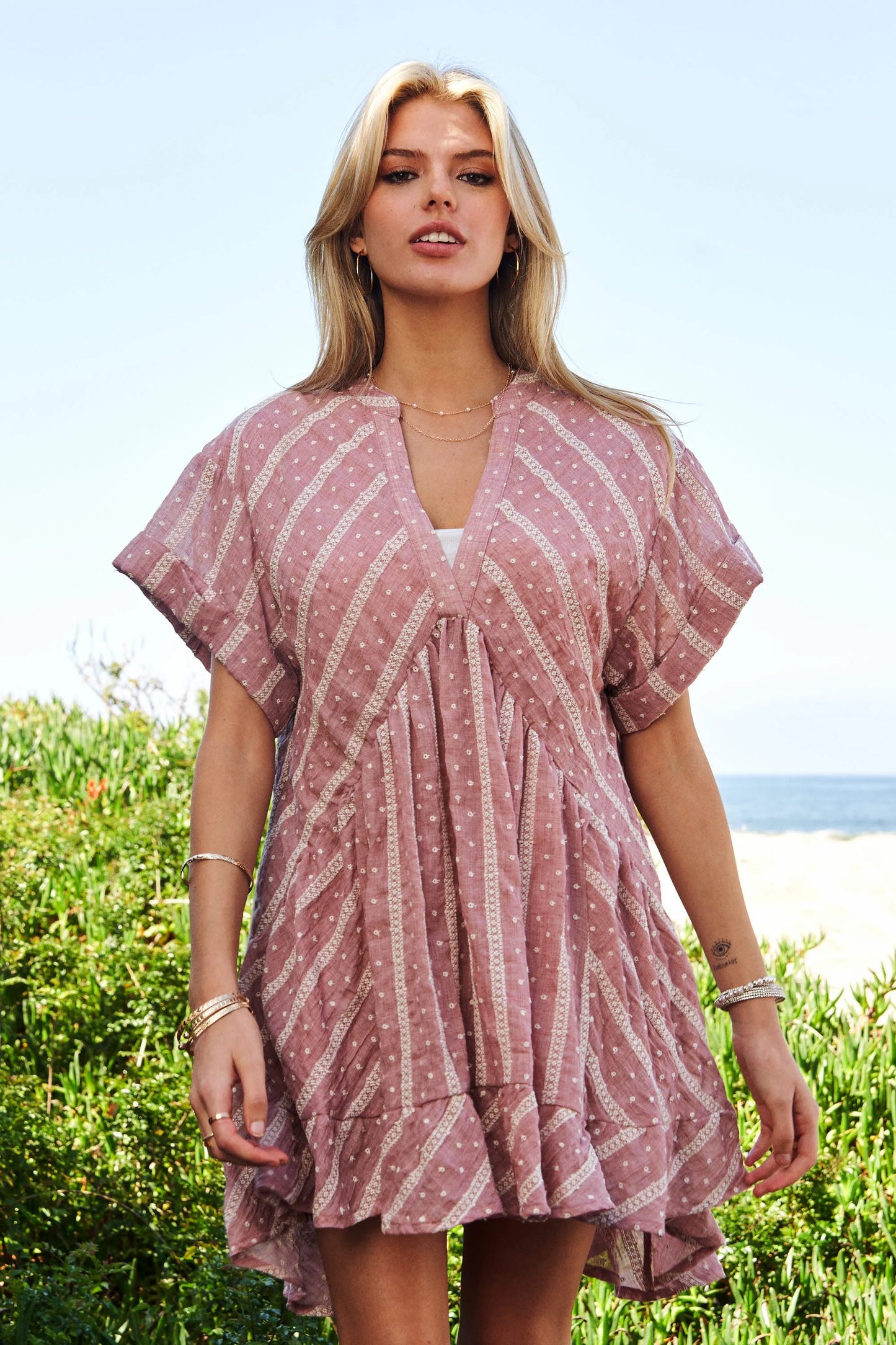 Image of Davi & Dani Embroidery V Neck Short Sleeve Ruffled Mini Dress | Queeble.shop