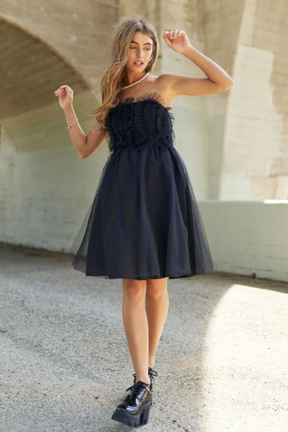 Image of J.NNA Mesh Ruffle Tube Top Swing Dress | Queeble.shop